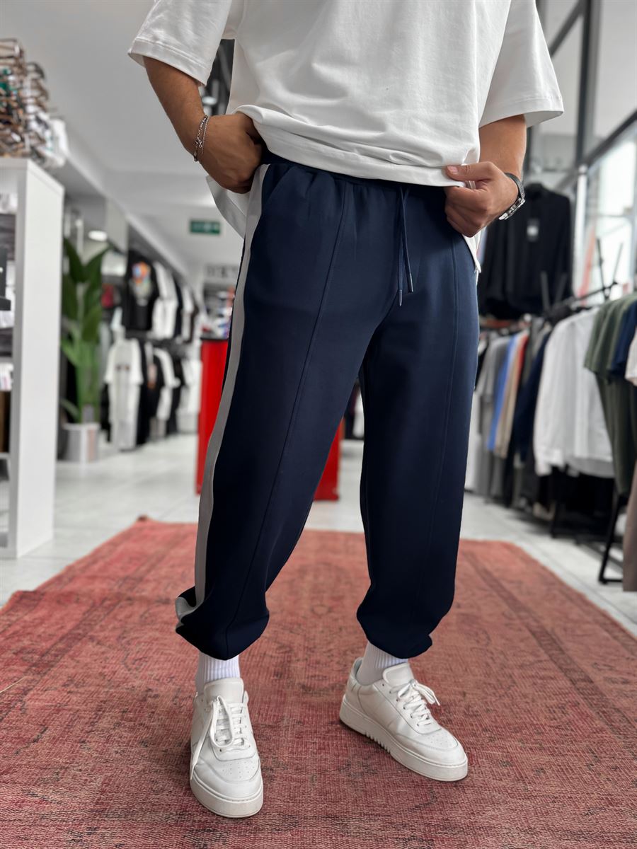 Navy Blue Tracksuit with Side Stripes and Elastic Waistband BLA-766