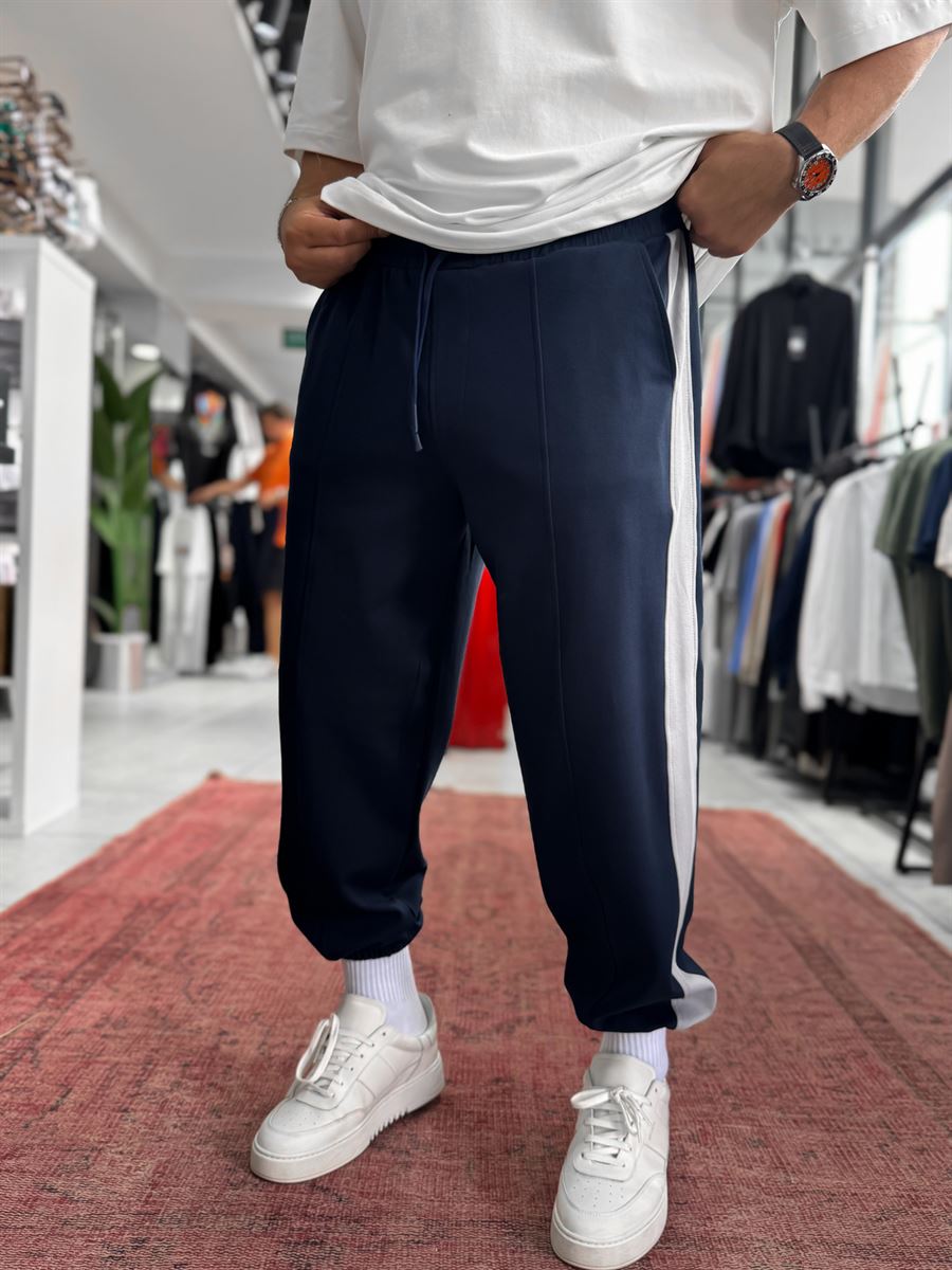 Navy Blue Tracksuit with Side Stripes and Elastic Waistband BLA-766