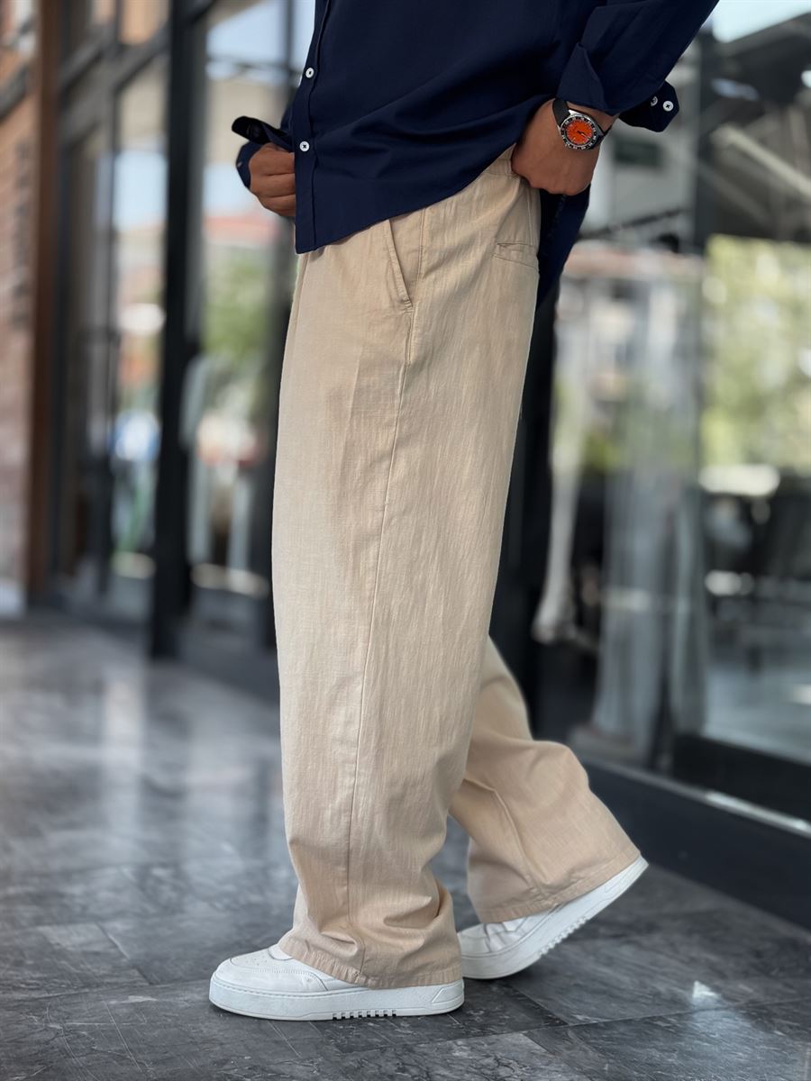 Beige Linen Baggy Trousers GJ-17237