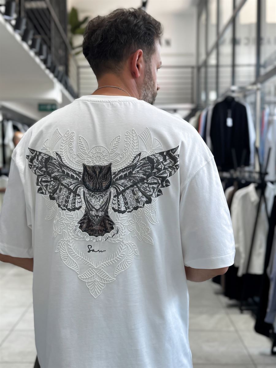 White Hologram Owl Print Oversize T-Shirt SW-5160