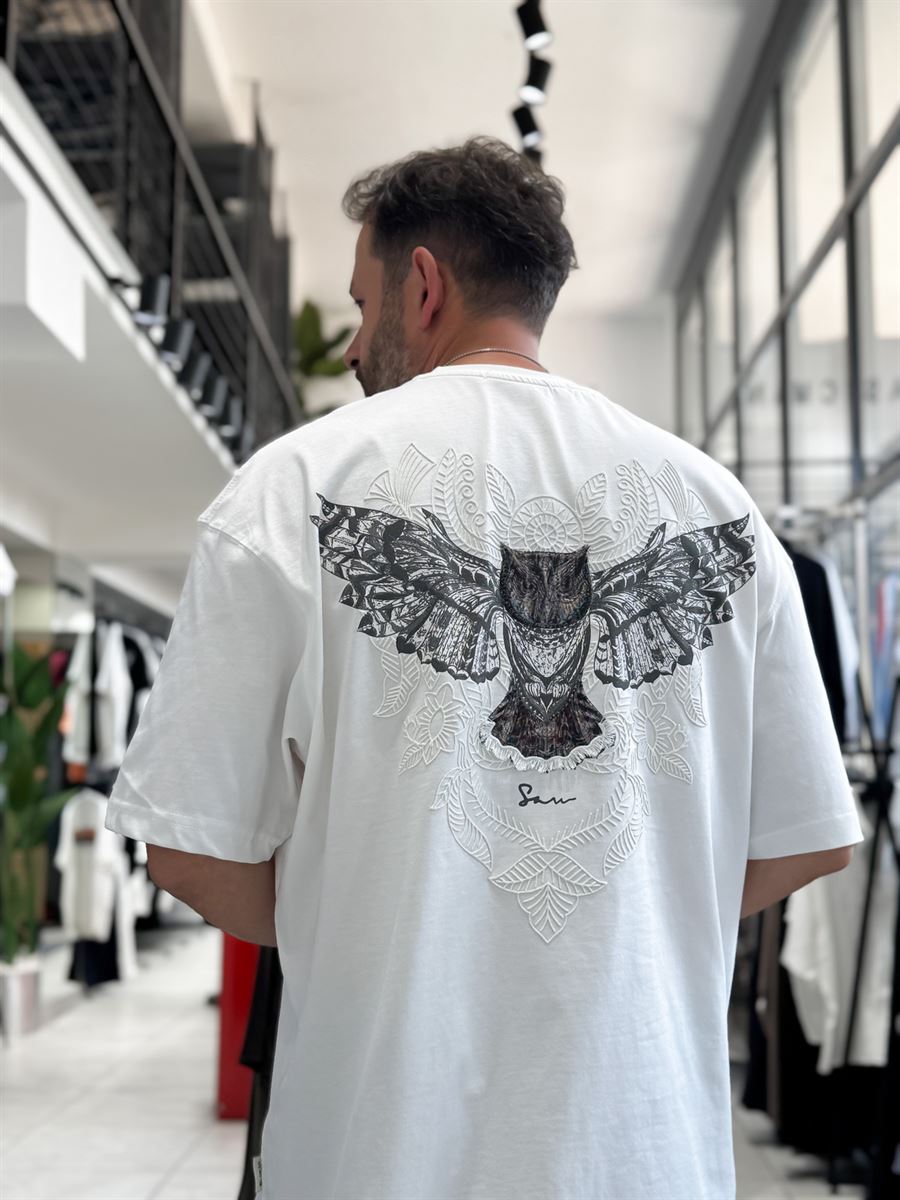 White Hologram Owl Print Oversize T-Shirt SW-5160