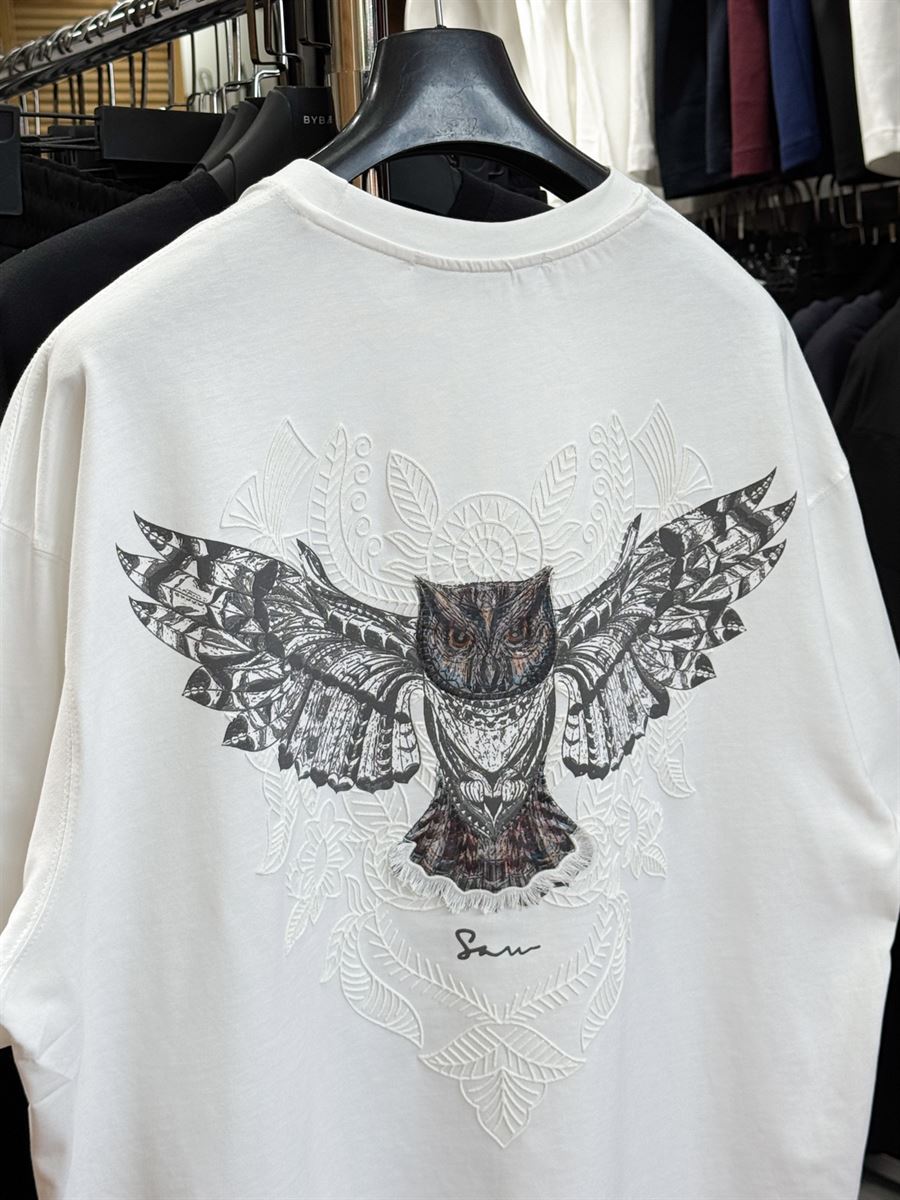White Hologram Owl Print Oversize T-Shirt SW-5160