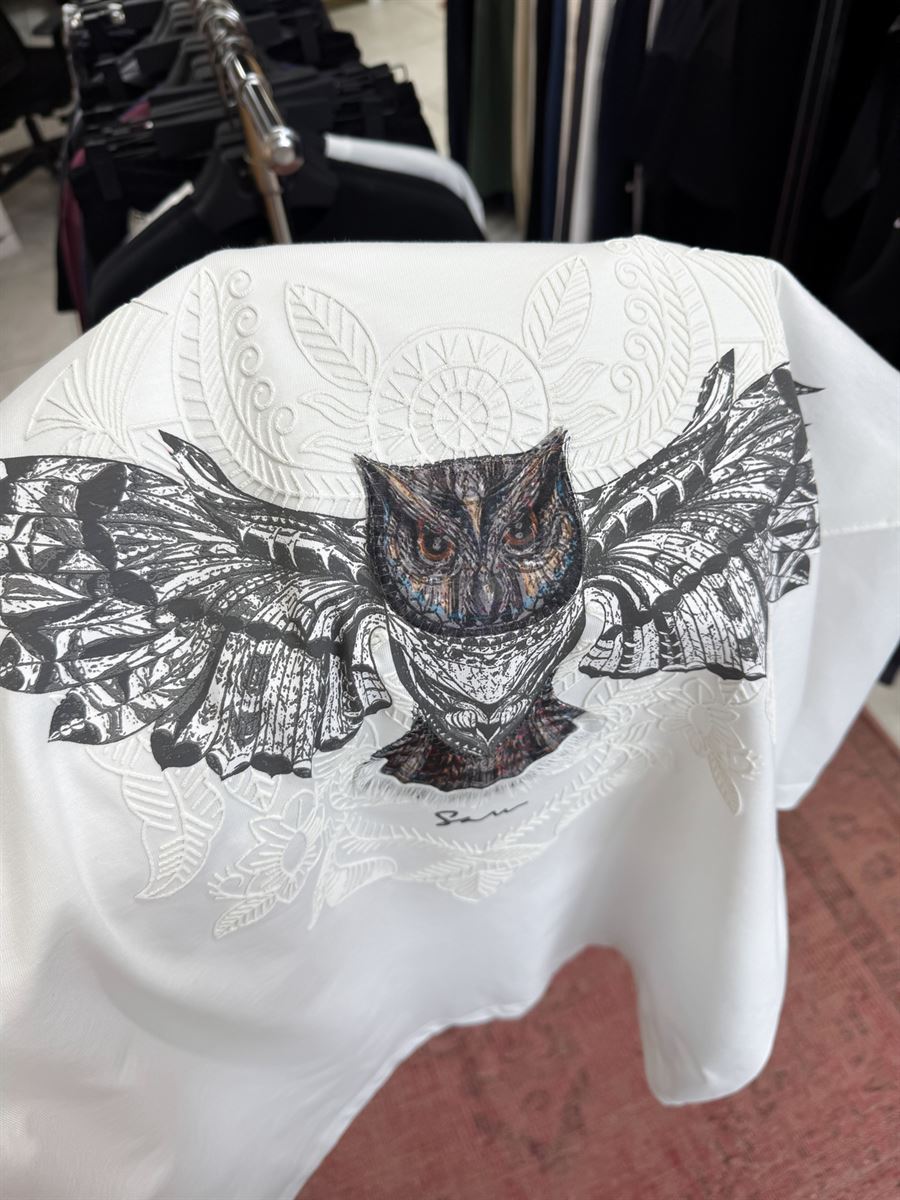 White Hologram Owl Print Oversize T-Shirt SW-5160