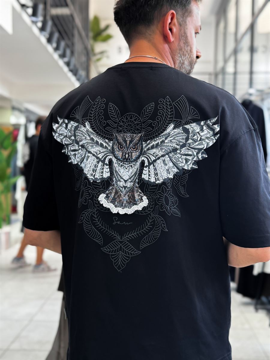 Black Hologram Owl Print Oversize T-Shirt SW-5160
