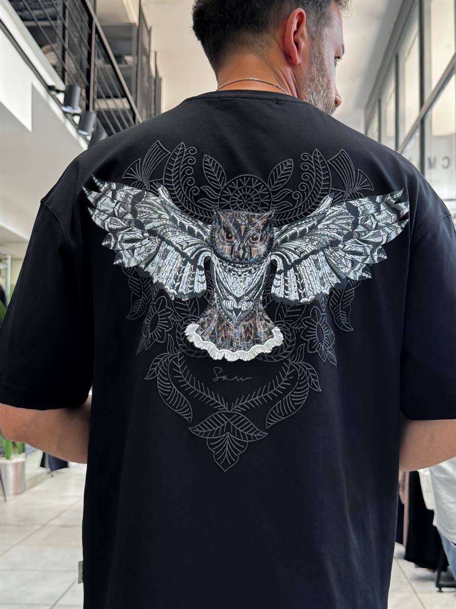 Black Hologram Owl Print Oversize T-Shirt SW-5160