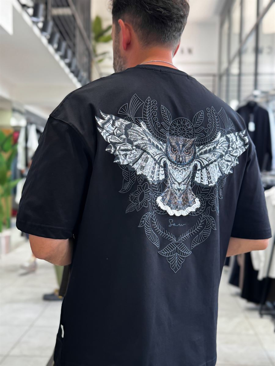 Black Hologram Owl Print Oversize T-Shirt SW-5160
