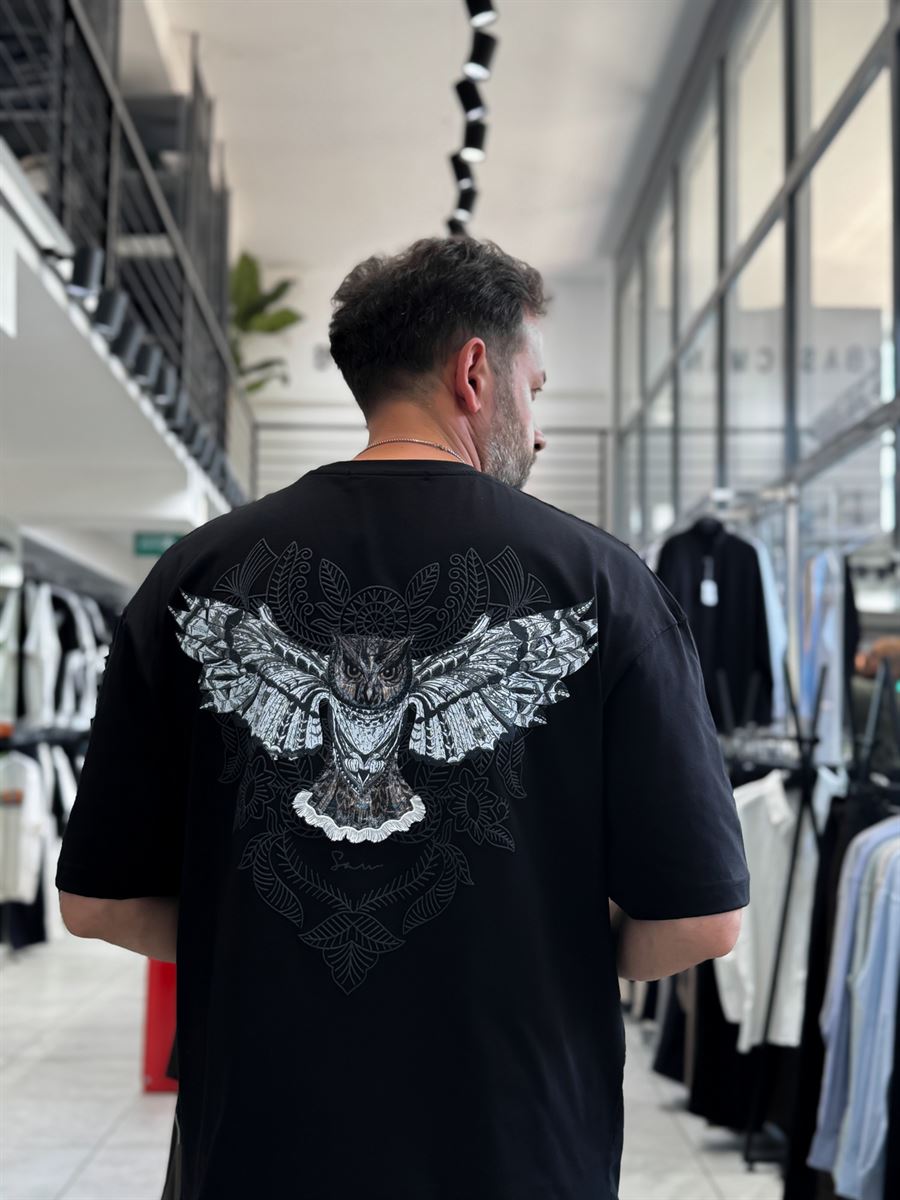 Black Hologram Owl Print Oversize T-Shirt SW-5160