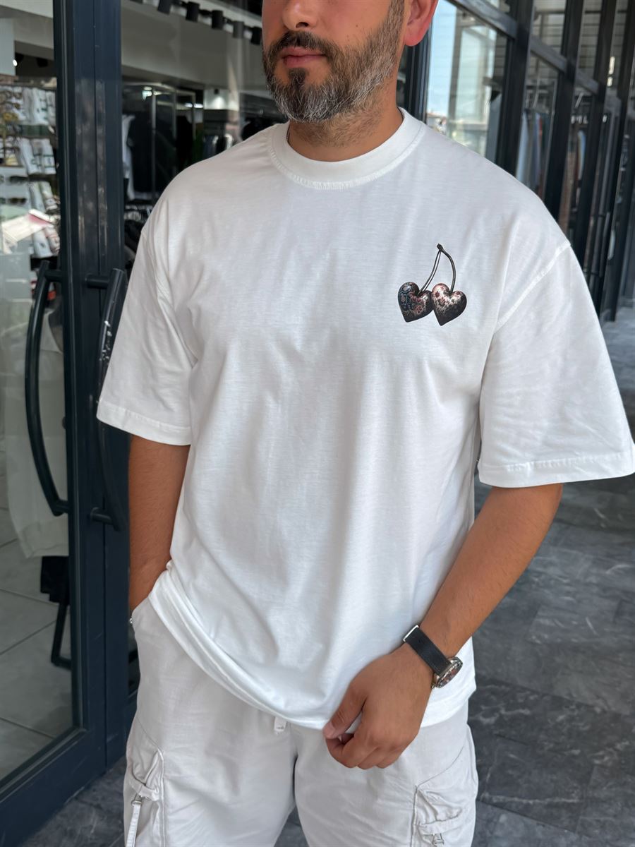 White Cherry Print Oversize T-Shirt RES-1128