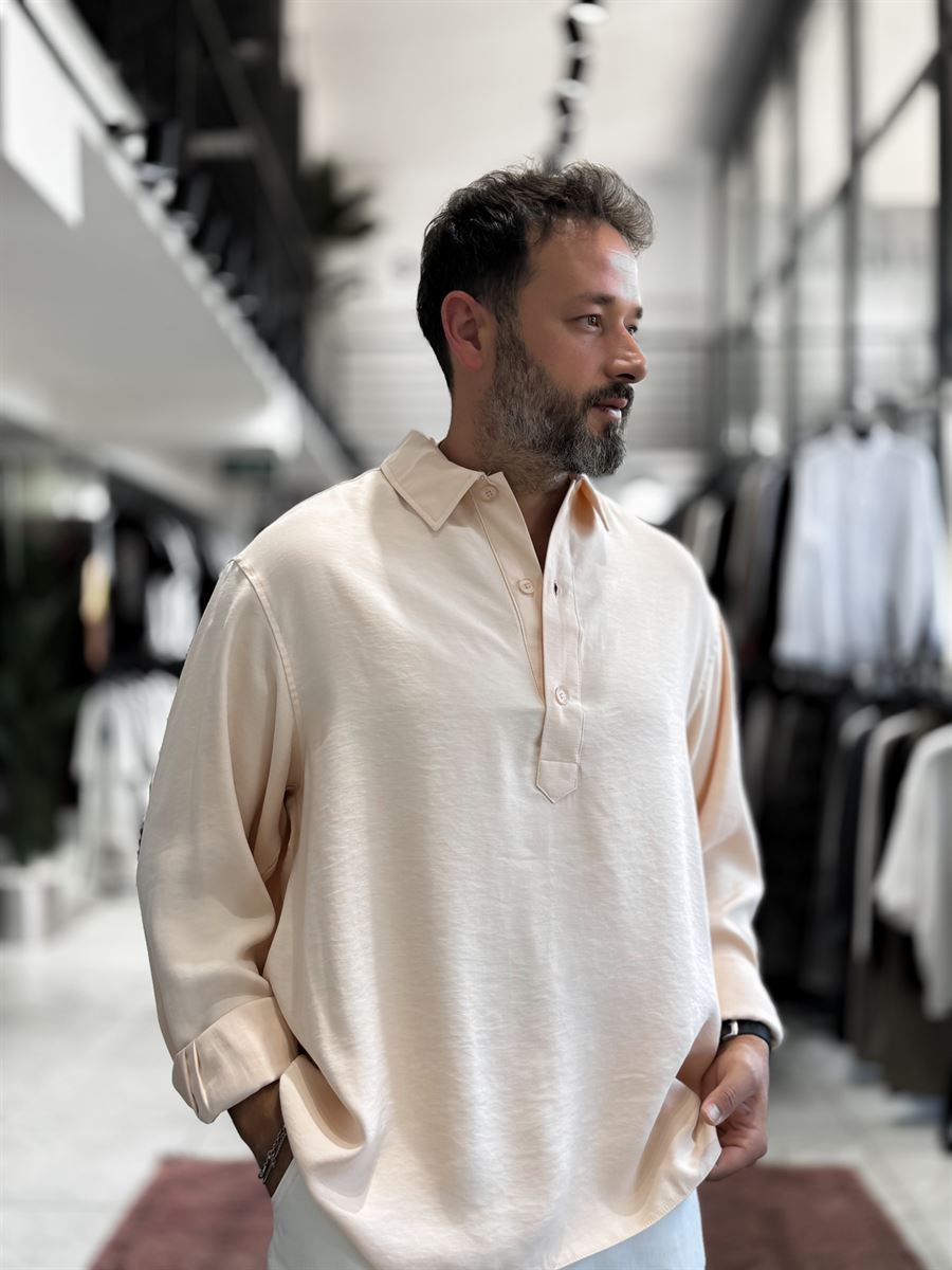 Beige Half-Button Oversize Shirt SW-1595