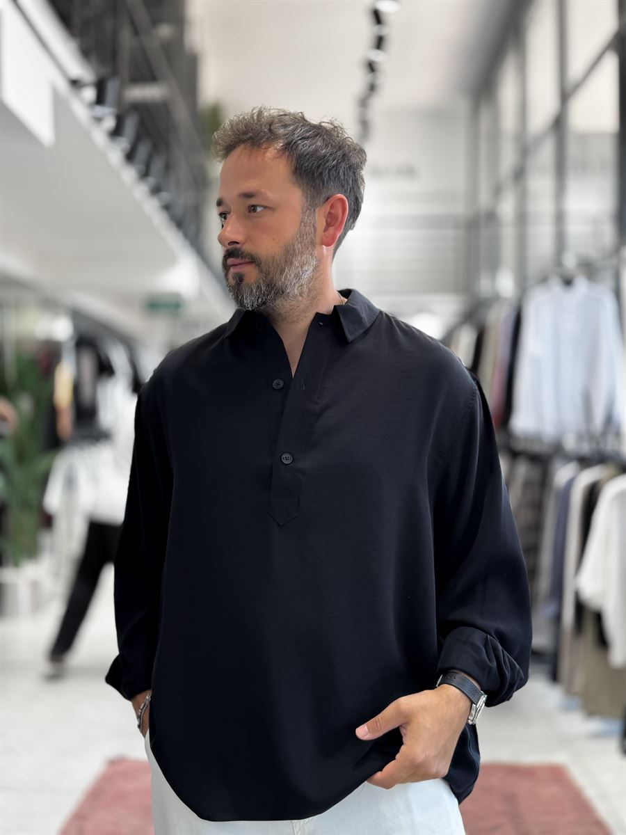 Black Half-Button Oversize Shirt SW-1595