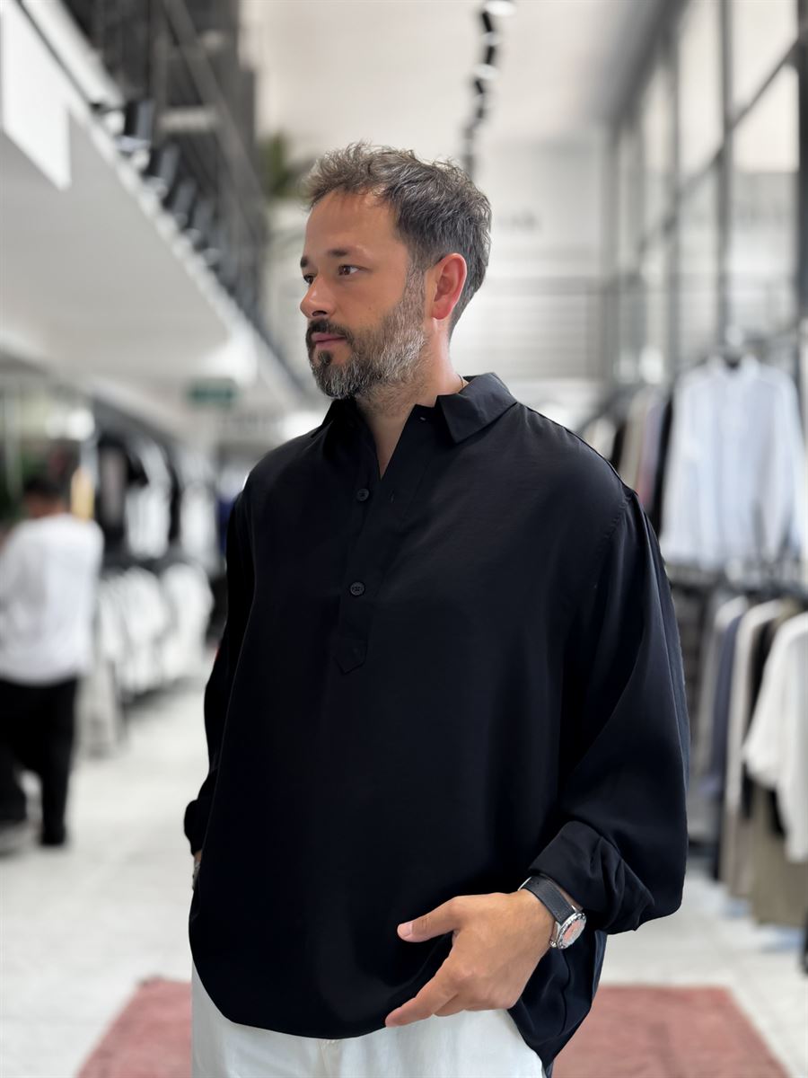 Black Half-Button Oversize Shirt SW-1595