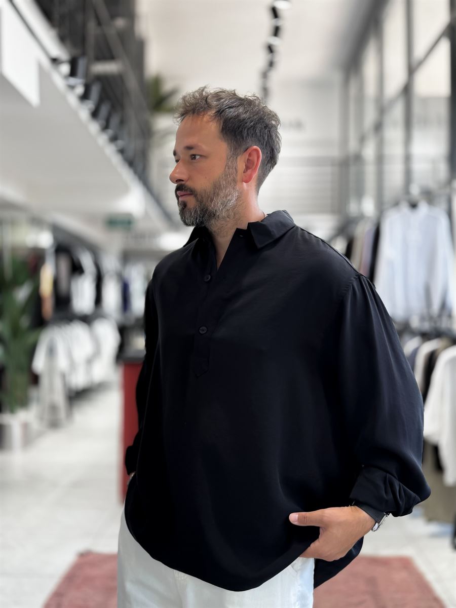 Black Half-Button Oversize Shirt SW-1595