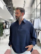 Navy Blue Half-Button Oversize Shirt SW-1595