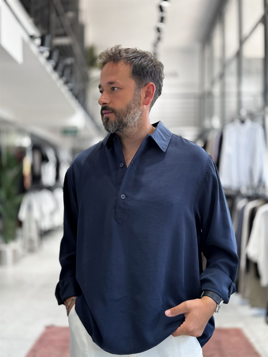 Navy Blue Half-Button Oversize Shirt SW-1595