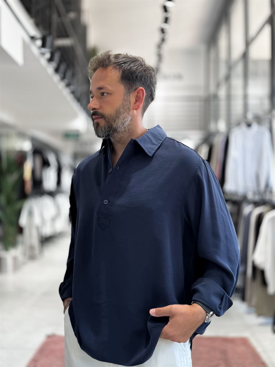 Navy Blue Half-Button Oversize Shirt SW-1595