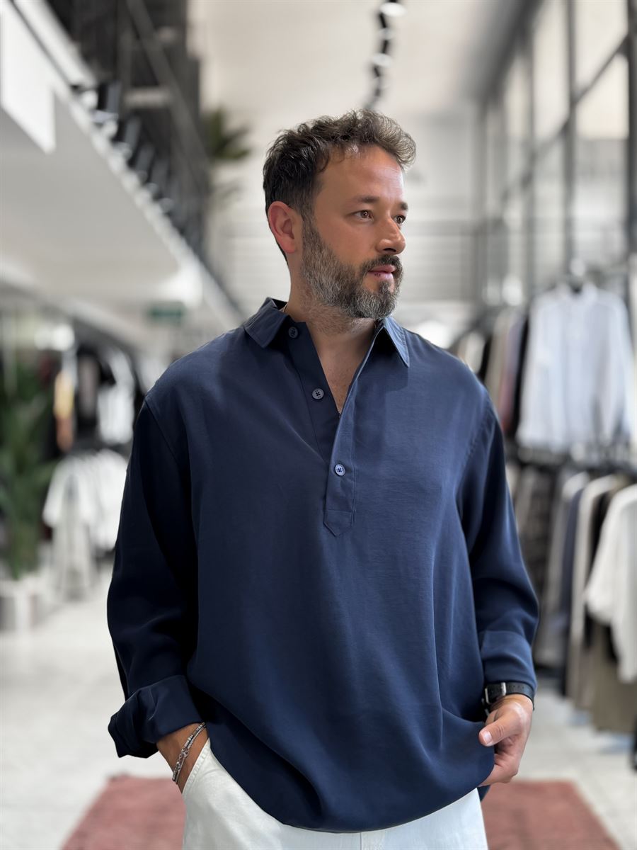 Navy Blue Half-Button Oversize Shirt SW-1595