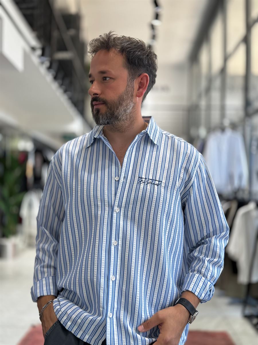 Blue Striped Waffle Fabric Shirt TW-1221