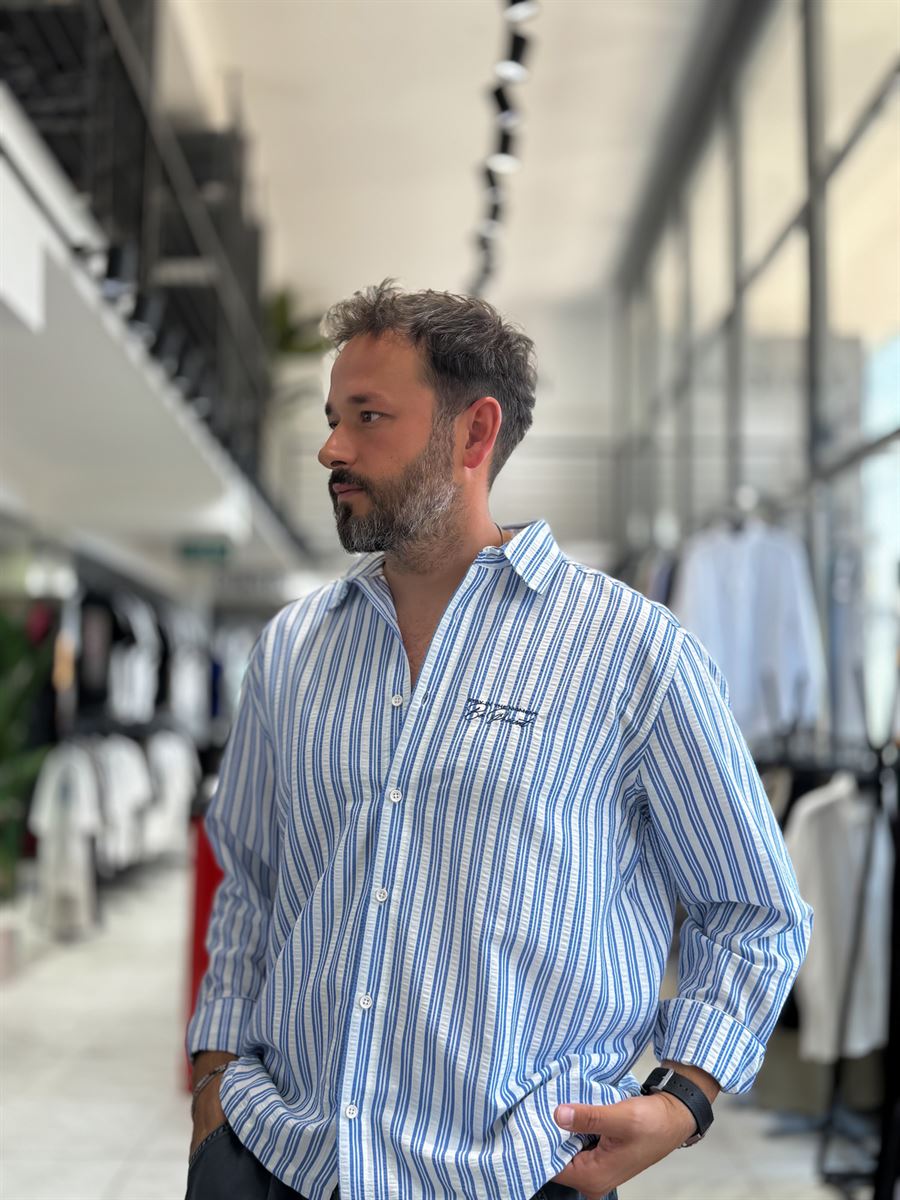 Blue Striped Waffle Fabric Shirt TW-1221