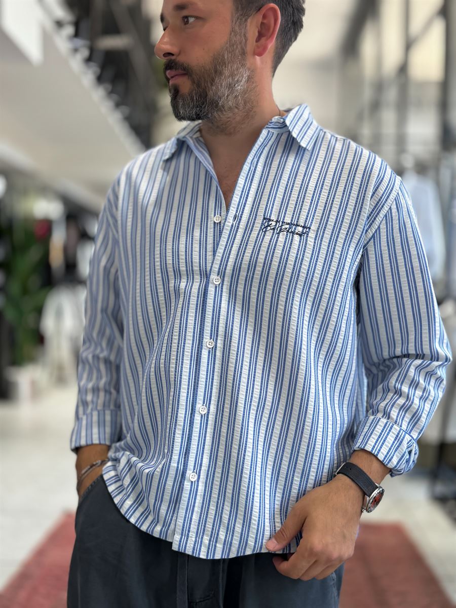 Blue Striped Waffle Fabric Shirt TW-1221
