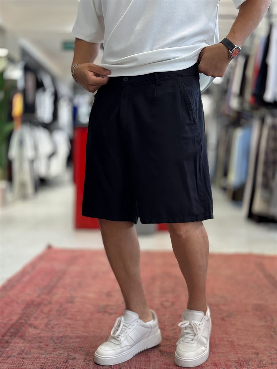 Black Linen Loose Fit Shorts DF-3418