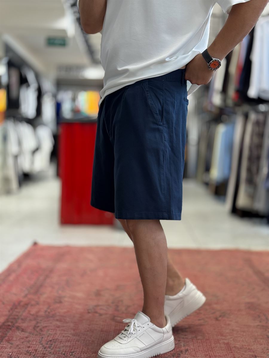 Navy Blue Linen Loose Fit Shorts DF-3418