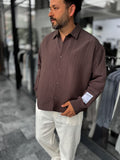 Coffee Brown Sleeve Patchwork Thin Striped Oversize Shirt ES-40-71