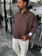 Coffee Brown Sleeve Patchwork Thin Striped Oversize Shirt ES-40-71