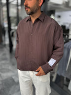 Coffee Brown Sleeve Patchwork Thin Striped Oversize Shirt ES-40-71