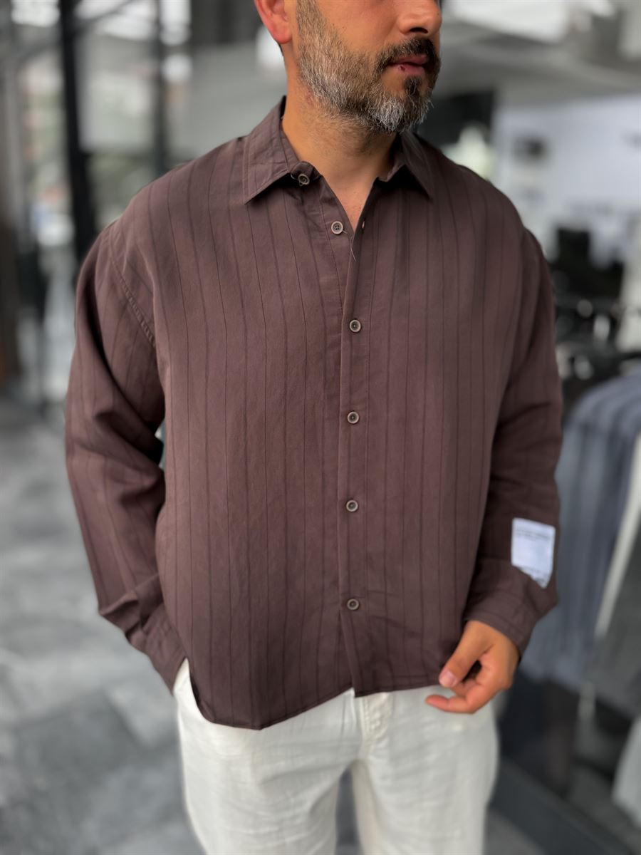 Coffee Brown Sleeve Patchwork Thin Striped Oversize Shirt ES-40-71