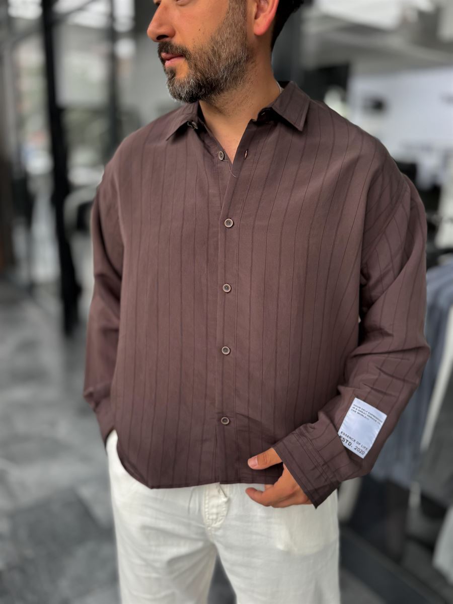 Coffee Brown Sleeve Patchwork Thin Striped Oversize Shirt ES-40-71