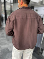 Coffee Brown Sleeve Patchwork Thin Striped Oversize Shirt ES-40-71