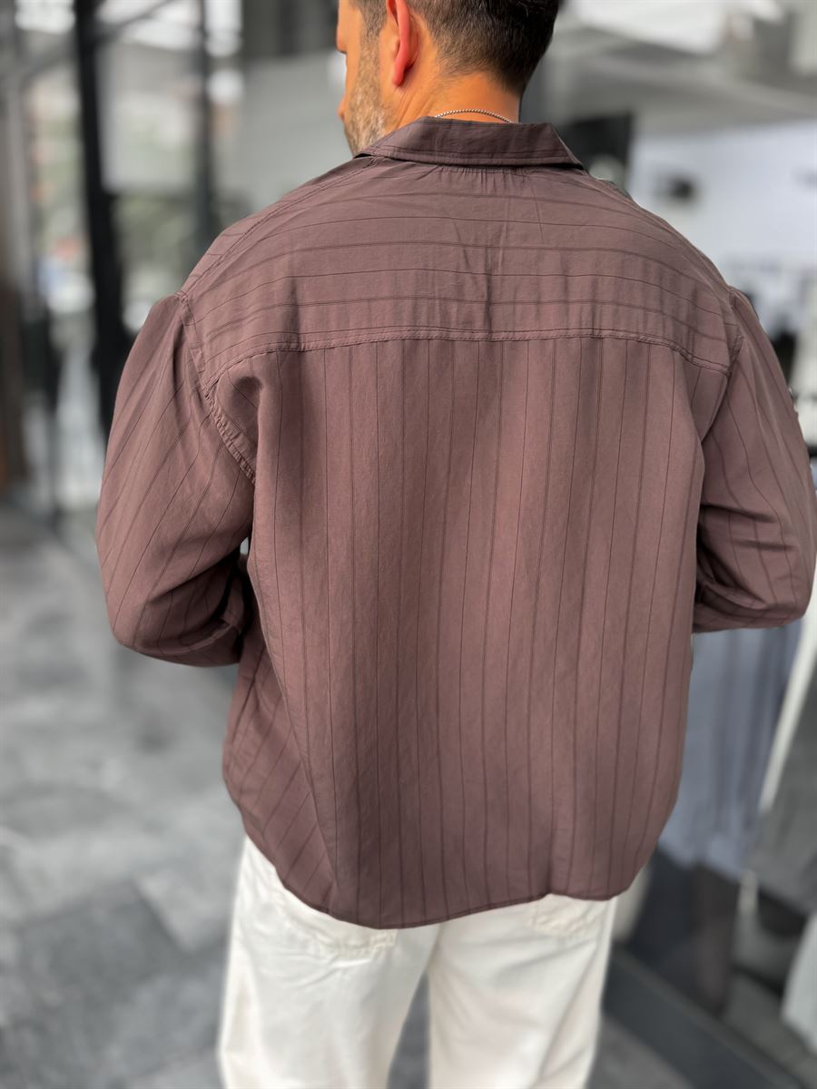 Coffee Brown Sleeve Patchwork Thin Striped Oversize Shirt ES-40-71