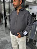 Anthracite Sleeve Patch Fine Striped Oversize Shirt ES-40-71