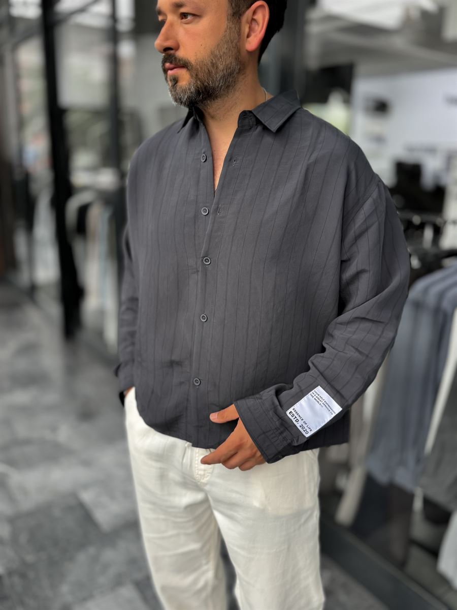 Anthracite Sleeve Patch Fine Striped Oversize Shirt ES-40-71