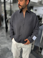 Anthracite Sleeve Patch Fine Striped Oversize Shirt ES-40-71