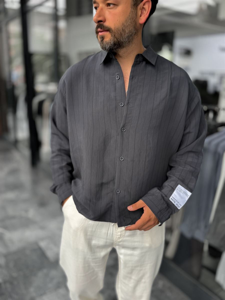 Anthracite Sleeve Patch Fine Striped Oversize Shirt ES-40-71