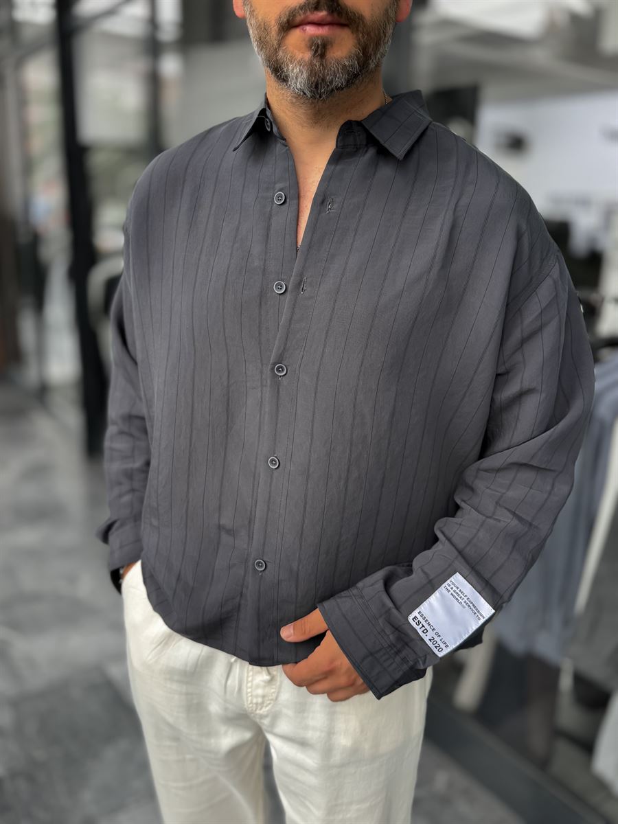 Anthracite Sleeve Patch Fine Striped Oversize Shirt ES-40-71