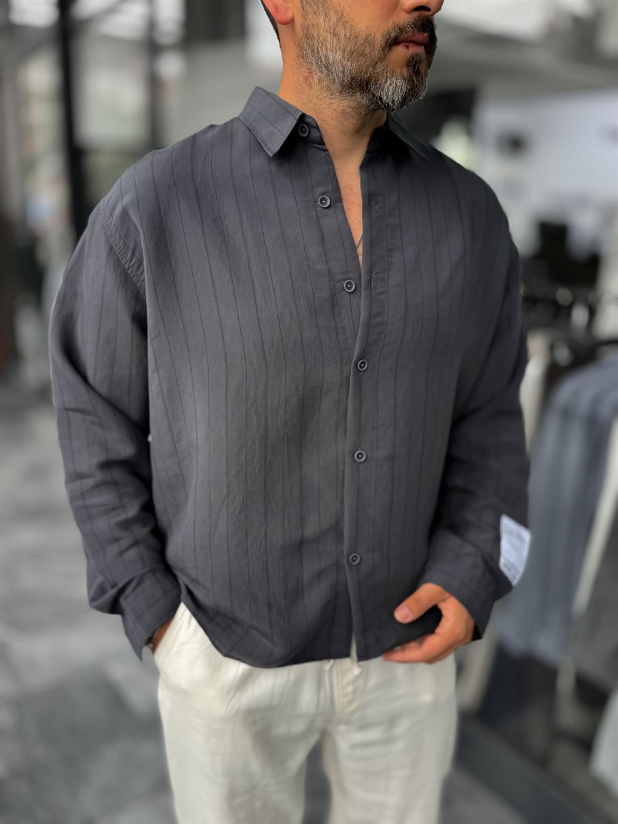Anthracite Sleeve Patch Fine Striped Oversize Shirt ES-40-71