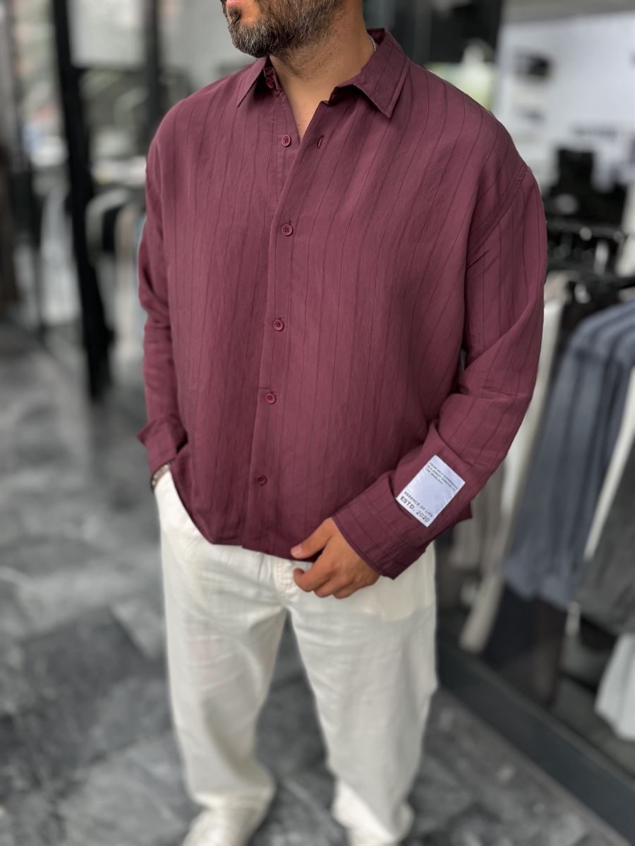 Burgundy Sleeve Patch Thin Striped Oversize Shirt ES-40-71