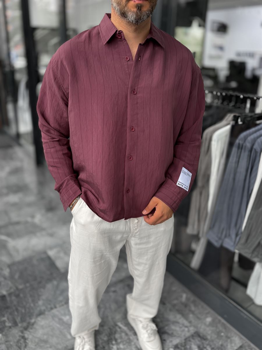 Burgundy Sleeve Patch Thin Striped Oversize Shirt ES-40-71