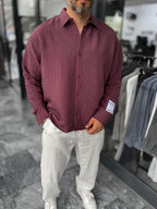 Burgundy Sleeve Patch Thin Striped Oversize Shirt ES-40-71