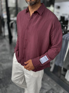 Burgundy Sleeve Patch Thin Striped Oversize Shirt ES-40-71