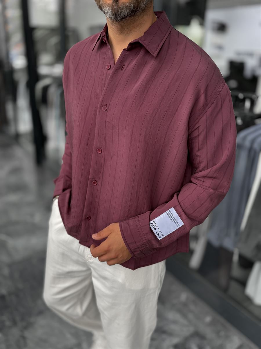Burgundy Sleeve Patch Thin Striped Oversize Shirt ES-40-71