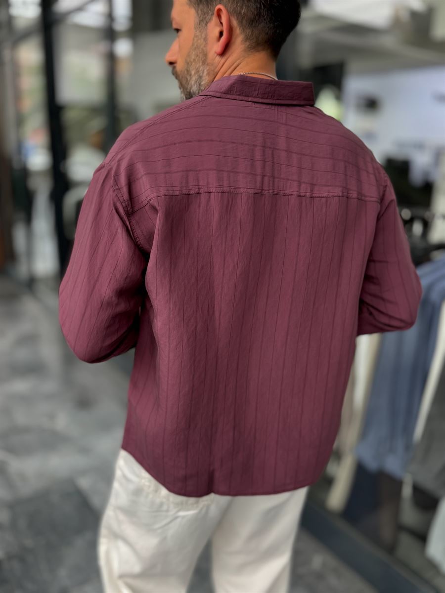 Burgundy Sleeve Patch Thin Striped Oversize Shirt ES-40-71