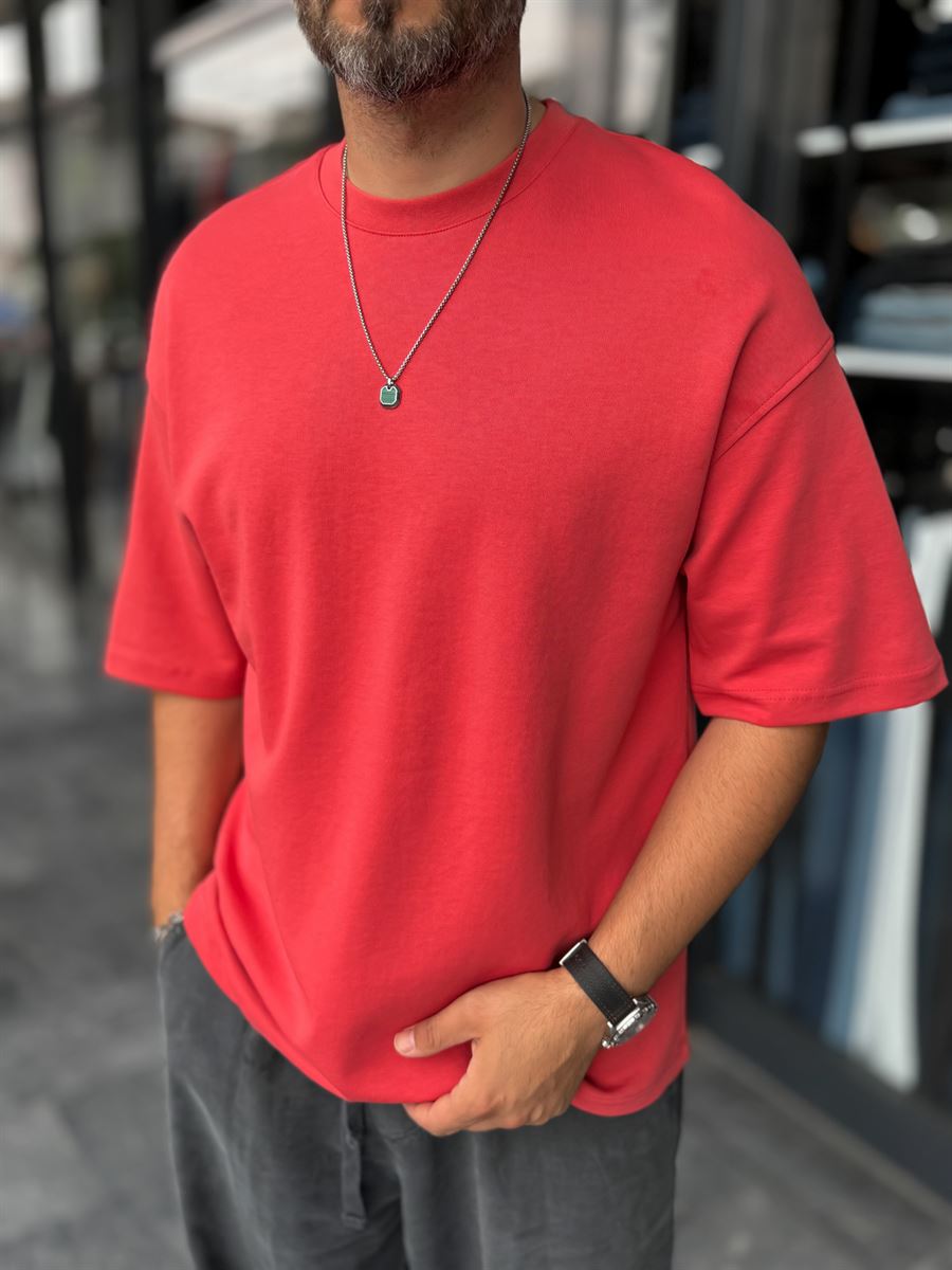 Red Two-Thread Basic Oversize T-Shirt ES-71-149