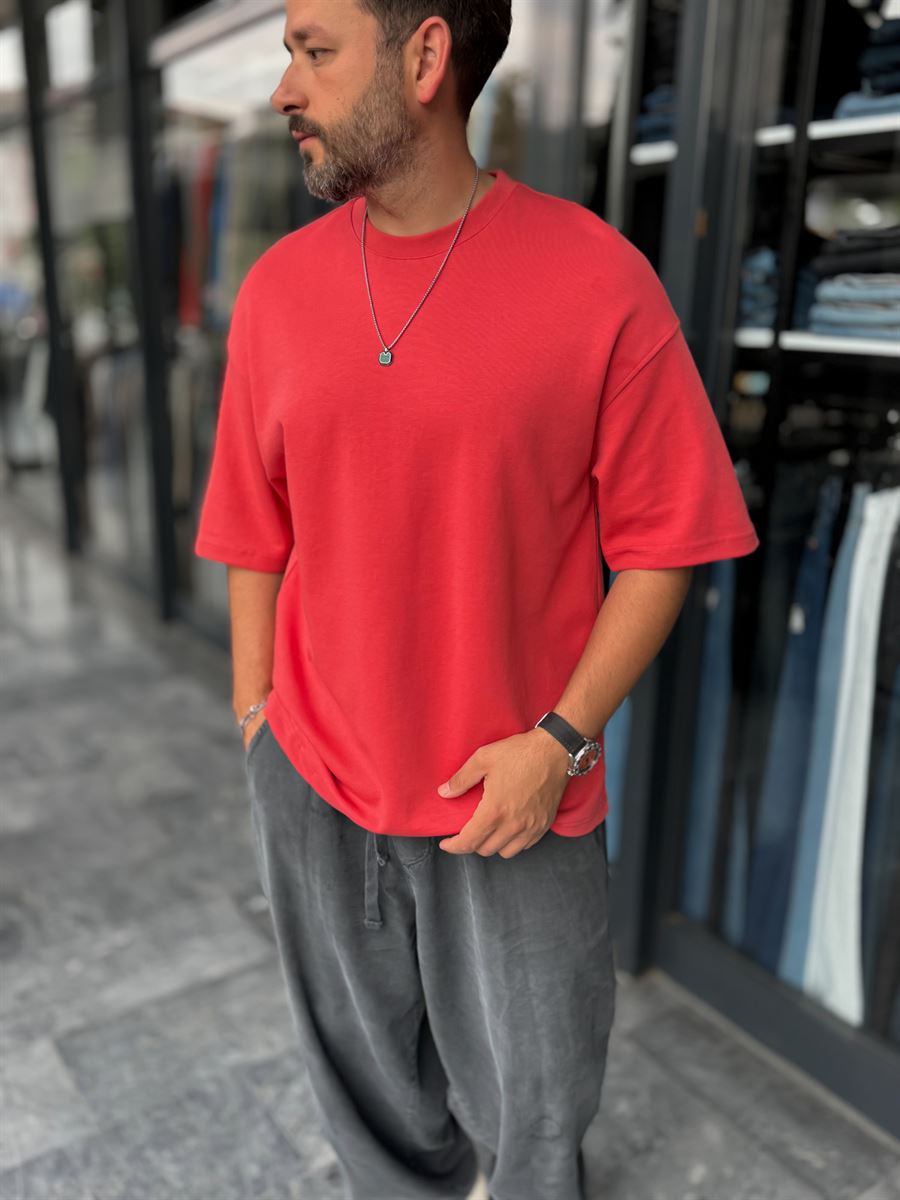 Red Two-Thread Basic Oversize T-Shirt ES-71-149