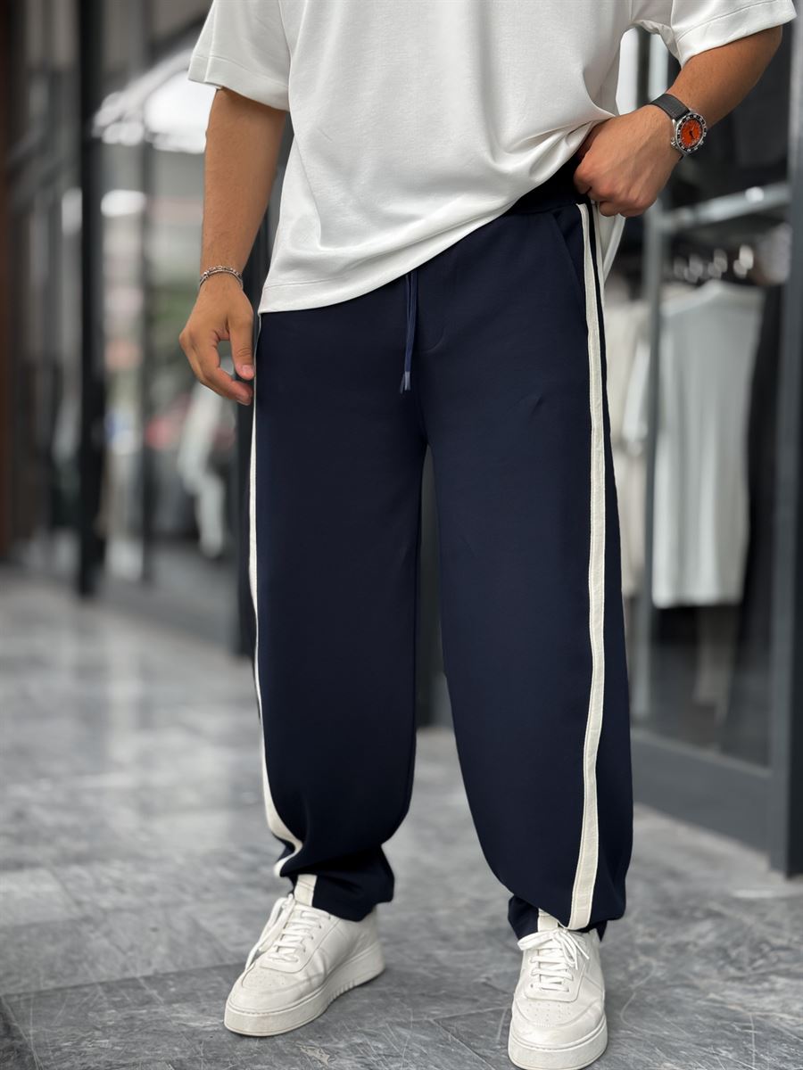 Navy Blue Asymmetric Detail Straight Leg Sweatpants BLA-746