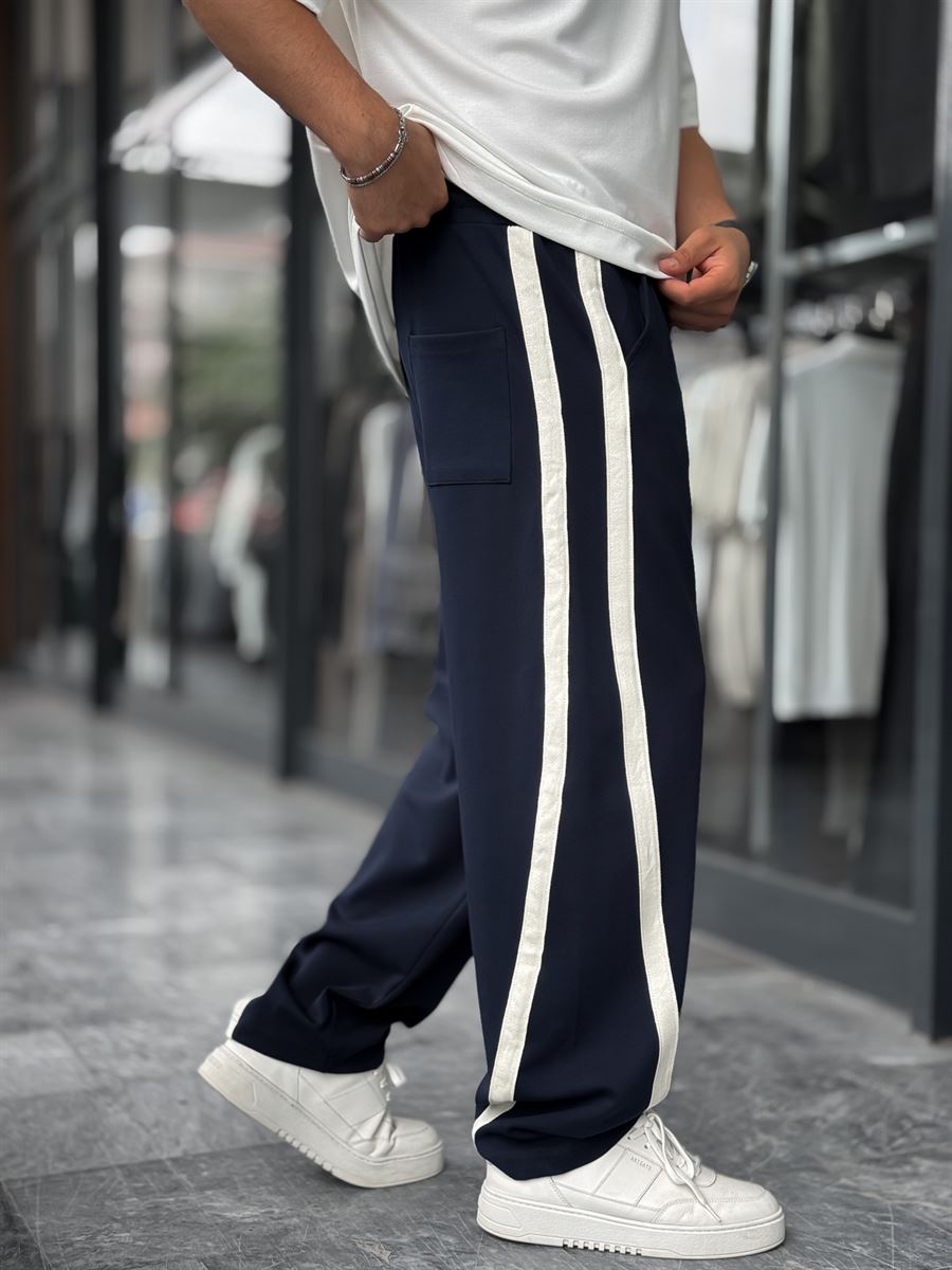 Navy Blue Asymmetric Detail Straight Leg Sweatpants BLA-746