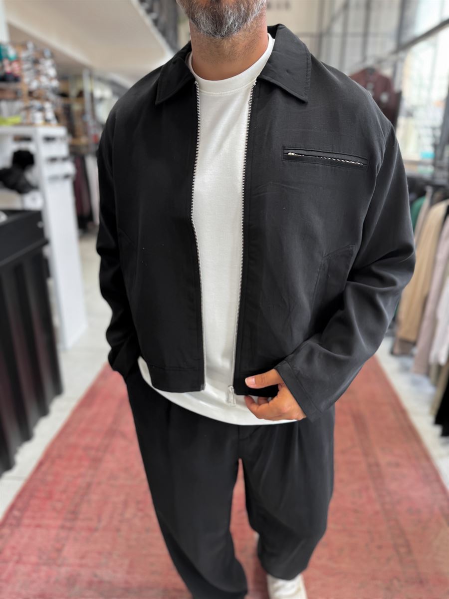 Black Zip-Up Tencel Jacket TW-7015