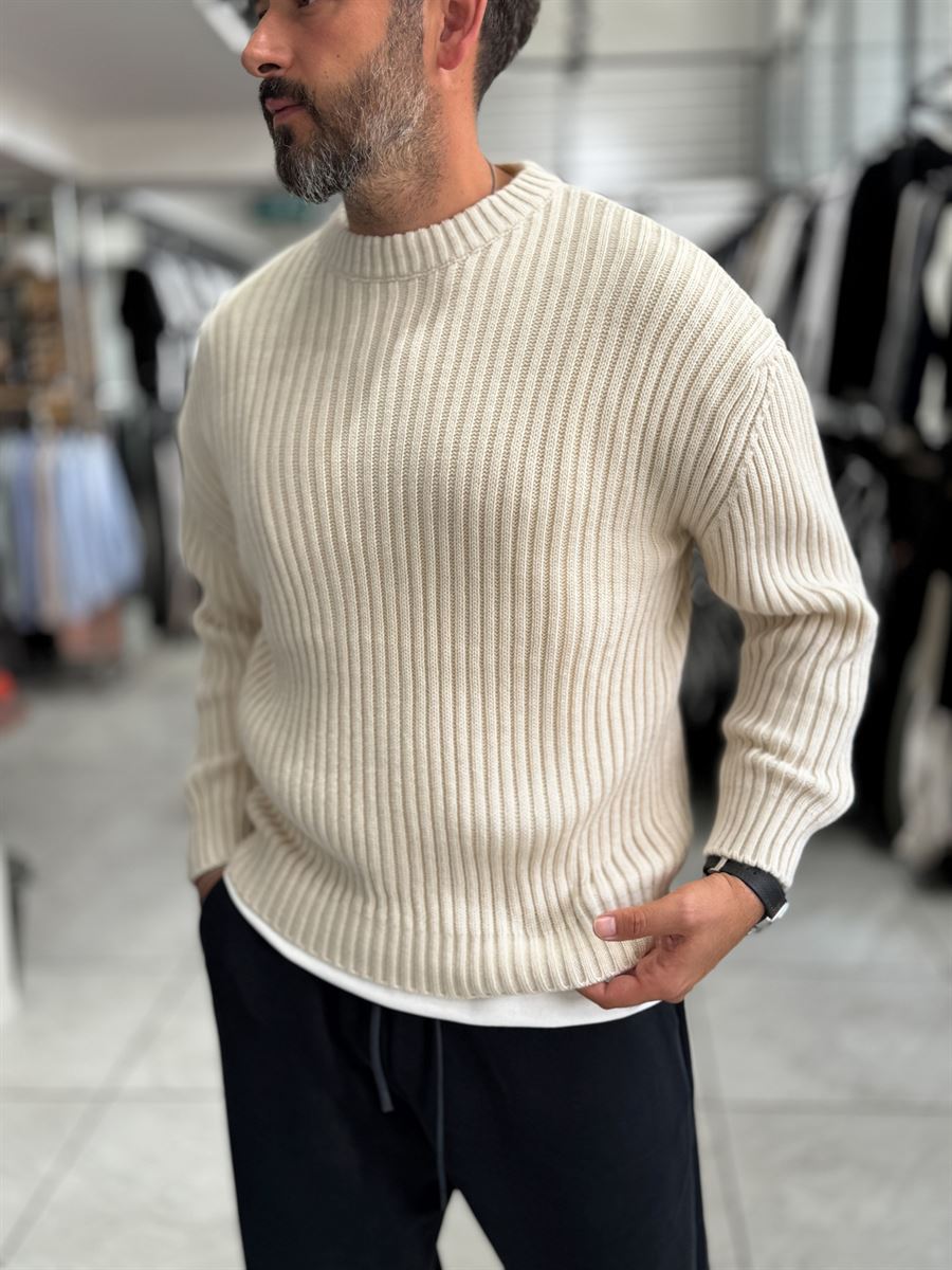 Beige Ribbed Knit Sweatshirt MRK-1900